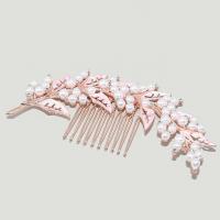 Decorative Hair Combs, Zinc Alloy, with Plastic Pearl, fashion jewelry & for woman & with rhinestone, rose gold color 