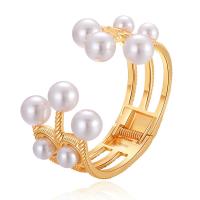 Zinc Alloy Cuff Bangle, with ABS Plastic Pearl, gold color plated, for woman, golden 