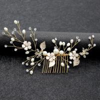 Decorative Hair Combs, Zinc Alloy, with Plastic Pearl, for woman & enamel & with rhinestone, golden 