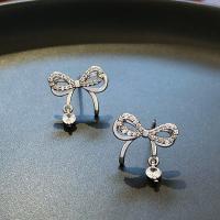 Zinc Alloy Stud Earring, Bowknot, silver color plated, fashion jewelry & micro pave cubic zirconia & for woman, 13*15mm 
