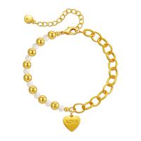 Pulseras de latón, metal, con Perlas plásticas, con 2.36inch extender cadena, Corazón, 18K chapado en oro, Joyería & para mujer, dorado, longitud:aproximado 6.49 Inch, Vendido por UD