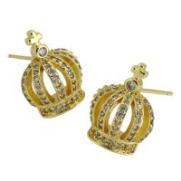 Boucles d'oreilles en laiton zircon cubique pavent, couronne, Placage de couleur d'or, bijoux de mode & pavé de micro zircon & pour femme, deux couleurs différentes Vendu par paire