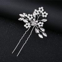 Zinc Alloy Hair Stick, with Plastic Pearl, fashion jewelry & for woman & with rhinestone, silver color 