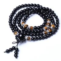 108 Mala Beads, Natural Black Obsidian, with nylon elastic cord & Tiger Eye & Zinc Alloy, antique silver color plated, Buddhist jewelry & Unisex & , 6mm Approx 26 Inch 