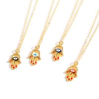 Evil Eye Jewelry Necklace, Brass, Evil Eye Hamsa, gold color plated, oval chain & micro pave cubic zirconia & for woman & enamel Approx 17.7 Inch 