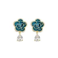 Cubic Zircon Brass Earring, with Plastic Pearl, gold color plated, fashion jewelry & micro pave cubic zirconia & for woman & enamel, blue 