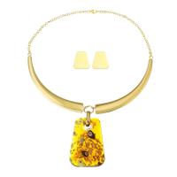 Brass Jewelry Set, earring & necklace, with Resin, gold color plated, 2 pieces & fashion jewelry, multi-colored Inch 
