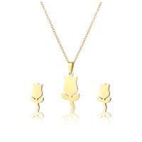 Fashion Stainless Steel Jewelry Sets, 304 Stainless Steel, Stud Earring & necklace, Flower, 2 pieces & fashion jewelry & for woman, golden Approx 17.72 Inch 