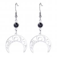 Stainless Steel Drop Earring, 304 Stainless Steel, Moon, Vacuum Ion Plating, for woman & with rhinestone & hollow 