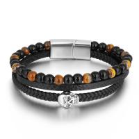 Gemstone Bracelets, PU Leather, with Gemstone & 304 Stainless Steel, Skull, three layers & for man Approx 8.46 Inch 