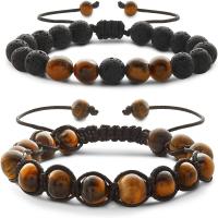 Gemstone Bracelets, Tiger Eye, with Polyester Cord & Lava, handmade, 2 pieces & Adjustable & Unisex Approx 6.5-9.4 Inch 