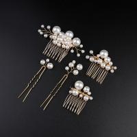 Zinc Alloy Hair Jewelry Set, hair comb & hair stick, with Plastic Pearl, handmade, 5 pieces & fashion jewelry & for woman, golden, 50*50mm,90*20mm 