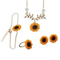 Fashion Zinc Alloy Jewelry Sets, Stud Earring & finger ring & bracelet & necklace, with Resin & Plastic Pearl, with 2inch extender chain, Sunflower, plated, 4 pieces & for woman 18mm, US Ring  Approx 22 Inch, Approx  9.8 Inch 