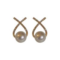 Pendiente de aleación de cinc con perlas plásticas, aleación de zinc, con Perlas plásticas, Joyería & para mujer & con diamantes de imitación, dorado, 21x13mm, Vendido por Par