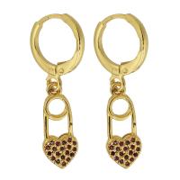 Cubic Zirconia Micro Pave Brass Earring, Heart, gold color plated, fashion jewelry & micro pave cubic zirconia & for woman, 29mm,7*16*2mm 