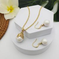 Brass Jewelry Set, earring & necklace, with Plastic Pearl, with 1.97inch extender chain, gold color plated, 2 pieces & fashion jewelry & for woman, golden Approx 21.65 Inch 
