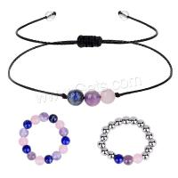 Jewelry Gift Sets, Gemstone, finger ring & bracelet, with Wax Cord & Brass, Round, silver color plated & for woman 