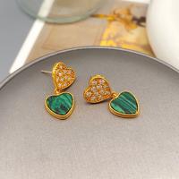 Brass Stud Earring, with Malachite, Heart, 18K gold plated, fashion jewelry & for woman & with rhinestone, golden 