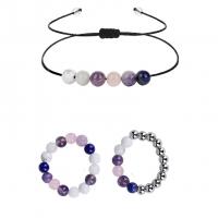 Jewelry Gift Sets, Natural Stone, finger ring & bracelet, with Wax Cord & Brass, Round, silver color plated & for woman 