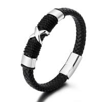 PU Leather Cord Bracelets, 316 stainless steel magnetic clasp, Letter X, vintage & for man, black, 13mm cm 
