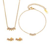 Cubic Zirconia Stainless Steel Jewelry Sets, 304 Stainless Steel, Stud Earring & bracelet & necklace, Vacuum Ion Plating, fashion jewelry & micro pave cubic zirconia, gold 
