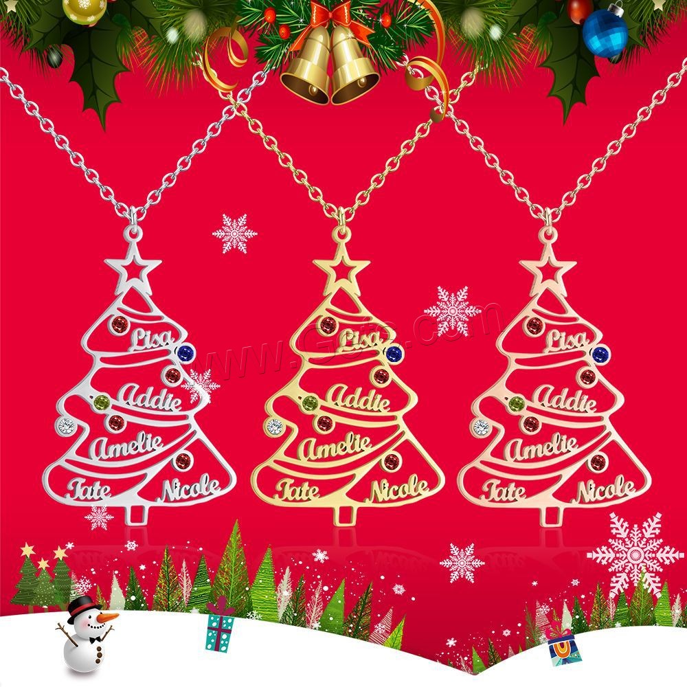 304 Stainless Steel Necklace, with 1.97inch extender chain, Christmas Tree, 18K gold plated, Each custom text must be less than 10 letters & Christmas Design & fashion jewelry & Unisex & with rhinestone, more colors for choice, Length:Approx 17.72 Inch, Sold By PC