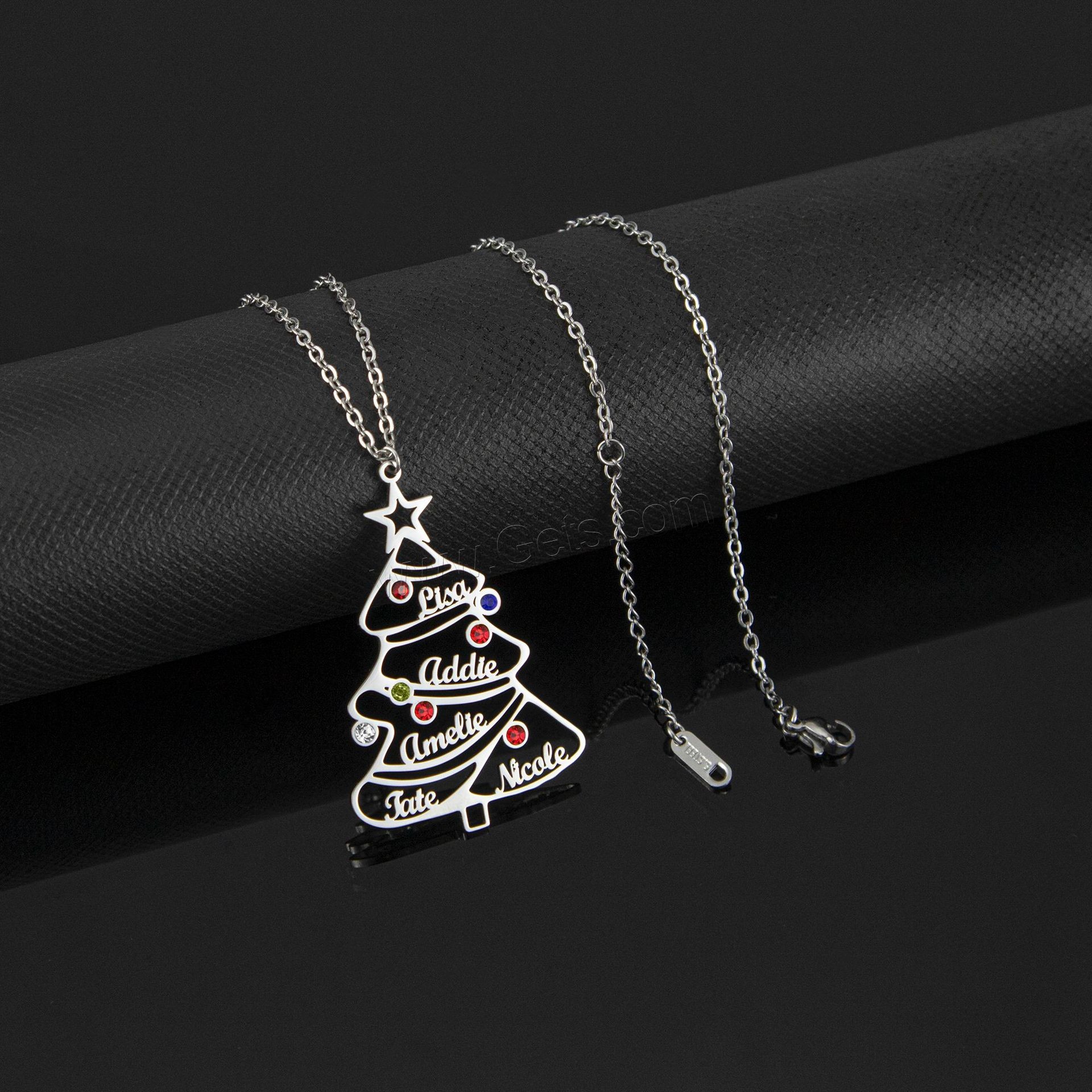 304 Stainless Steel Necklace, with 1.97inch extender chain, Christmas Tree, 18K gold plated, Each custom text must be less than 10 letters & Christmas Design & fashion jewelry & Unisex & with rhinestone, more colors for choice, Length:Approx 17.72 Inch, Sold By PC