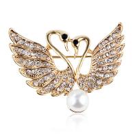 Zinc Alloy Jewelry Brooch, with Plastic Pearl, Swan, gold color plated, for woman & with rhinestone 