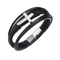 PU Leather Cord Bracelets, 316 stainless steel magnetic clasp, Cross, Vacuum Ion Plating, three layers & for man cm 