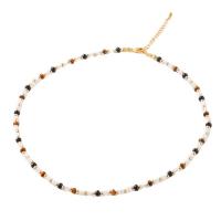 Gemstone Necklaces, Tiger Eye, with Shell Pearl & Black Agate & Brass, with 2.36inch extender chain, gold color plated, fashion jewelry & for woman Approx 15.7 Inch 