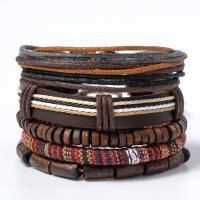 Cowhide Bracelets, Full Grain Cowhide Leather, with Wax Cord & Wood, vintage & multilayer & Unisex, 15mm Approx 6.7 Inch 