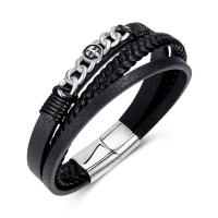 Bracelet en cuir artificiel, Cuir synthétique, avec Acier inoxydable 304, fait à la main, bijoux de mode & pour homme, noire, 13mm Environ 8.27 pouce, Vendu par PC