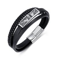Leatheroid Cord Bracelets, Synthetic Leather, with 304 Stainless Steel, handmade, fashion jewelry & multilayer & for man, black, 12.5mm Approx 8.27 Inch 