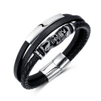 Bracelet en cuir artificiel, Cuir synthétique, avec Acier inoxydable 304, poli, bijoux de mode & multicouche & pour homme, noire, 11.5mm Environ 8.27 pouce, Vendu par PC