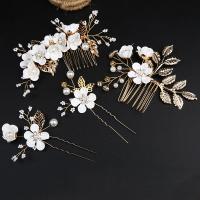 Brass Hair Jewelry Set, hair comb & hair stick, with Plastic Pearl, 4 pieces & for woman & with rhinestone 