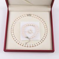 Brass Freshwater Pearl Jewelry Sets, Stud Earring & bracelet & necklace, with Brass, three pieces & fashion jewelry & for woman, white, 9-10mm Approx 17 Inch, Approx 7.5 Inch 