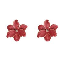 Enamel Zinc Alloy Stud Earring, Flower, gold color plated, fashion jewelry & for woman & with rhinestone, red 