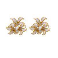 Brass Stud Earring, Flower, gold color plated, fashion jewelry & for woman & enamel, white [