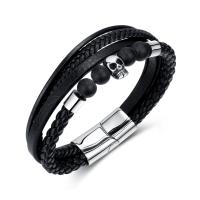 Leatheroid Cord Bracelets, Synthetic Leather, with 304 Stainless Steel, handmade, fashion jewelry & multilayer & for man, black, nickel, lead & cadmium free, 12mm Approx 8.27 Inch 