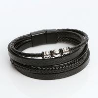 PU Leather Cord Bracelets, with 316L Stainless Steel, zinc alloy magnetic clasp, plumbum black color plated, vintage & multilayer & for man, black cm 