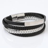 PU Leather Cord Bracelets, with 316L Stainless Steel, multilayer & for man, black Approx 21 cm 