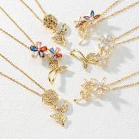 Brass Cubic Zirconia Necklace, with Cubic Zirconia, with 5cm extender chain, Flower, gold color plated & for woman cm 