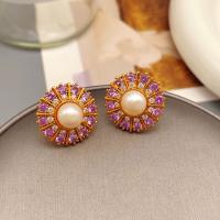 Freshwater Pearl Stud Earring, Brass, with Freshwater Pearl, 18K gold plated, fashion jewelry & micro pave cubic zirconia & for woman 