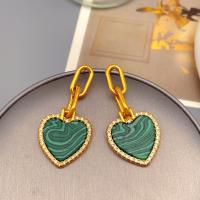 Gemstone Drop Earring, Brass, with Malachite, Heart, 18K gold plated, fashion jewelry & for woman & with rhinestone, golden 