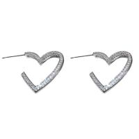 Rhinestone Brass Stud Earring, Heart, fashion jewelry & for woman & with rhinestone, silver color, 32mm 