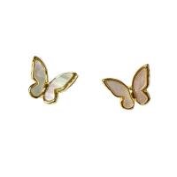 Freshwater Shell Earring, Brass, with Shell & Plastic Pearl, Butterfly, gold color plated, fashion jewelry & for woman, white [