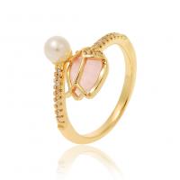 Cubic Zirconia Micro Pave Brass Finger Ring, with Resin & Plastic Pearl, real gold plated, fashion jewelry & micro pave cubic zirconia & for woman 