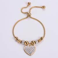 Stainless Steel Charm Bracelet, 304 Stainless Steel, Heart, 18K gold plated, Adjustable & for woman & with rhinestone, golden Approx 6.69-9.84 Inch 