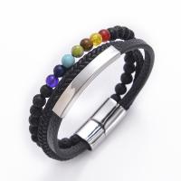 Gemstone Bracelets, with Magnet & PU Leather & 304 Stainless Steel, three layers & for woman, 6mm Approx 8.5 Inch 