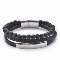 Gemstone Bracelets, with Magnet & PU Leather & 304 Stainless Steel, three layers & for man Approx 8.5 Inch 